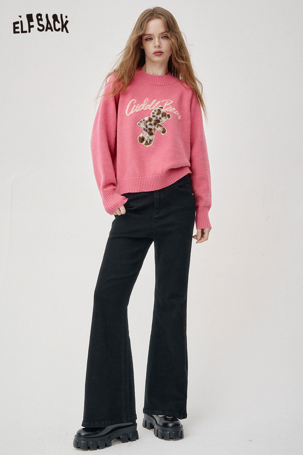 ELFSACK Cotton Blend Relaxed Bear Embroidery Detail Fit Knit Top