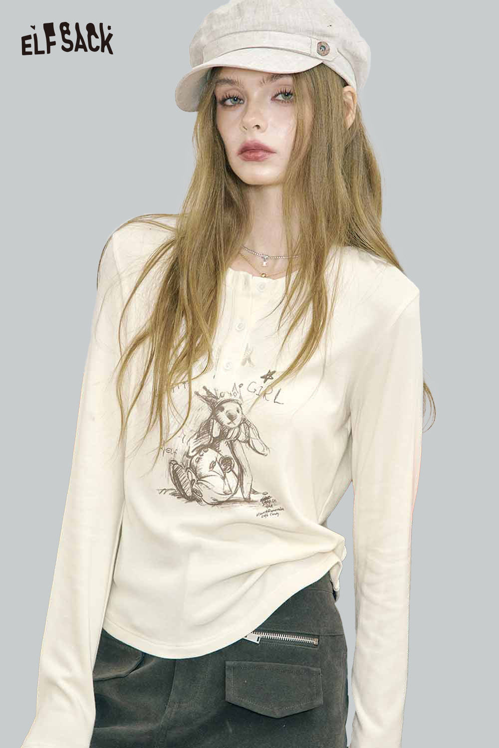 ELFSACK Viscose Blend Bear Graphic Essential Layer Relaxed Fit Tee