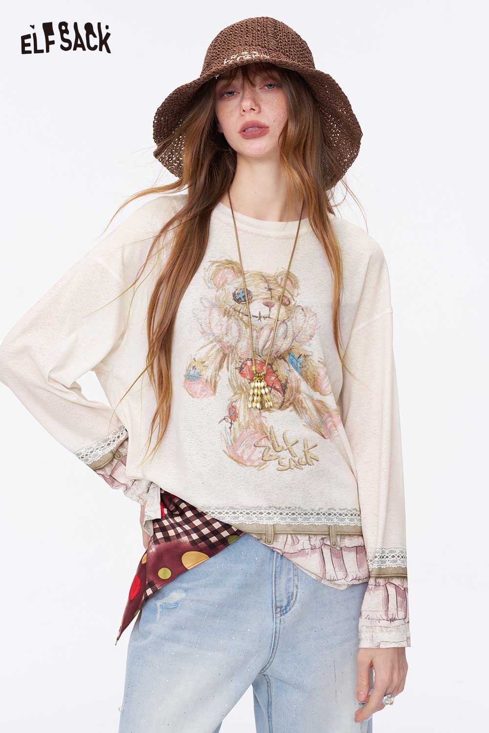 ELFSACK Bear Print Lace Ruffle Long Sleeve Top