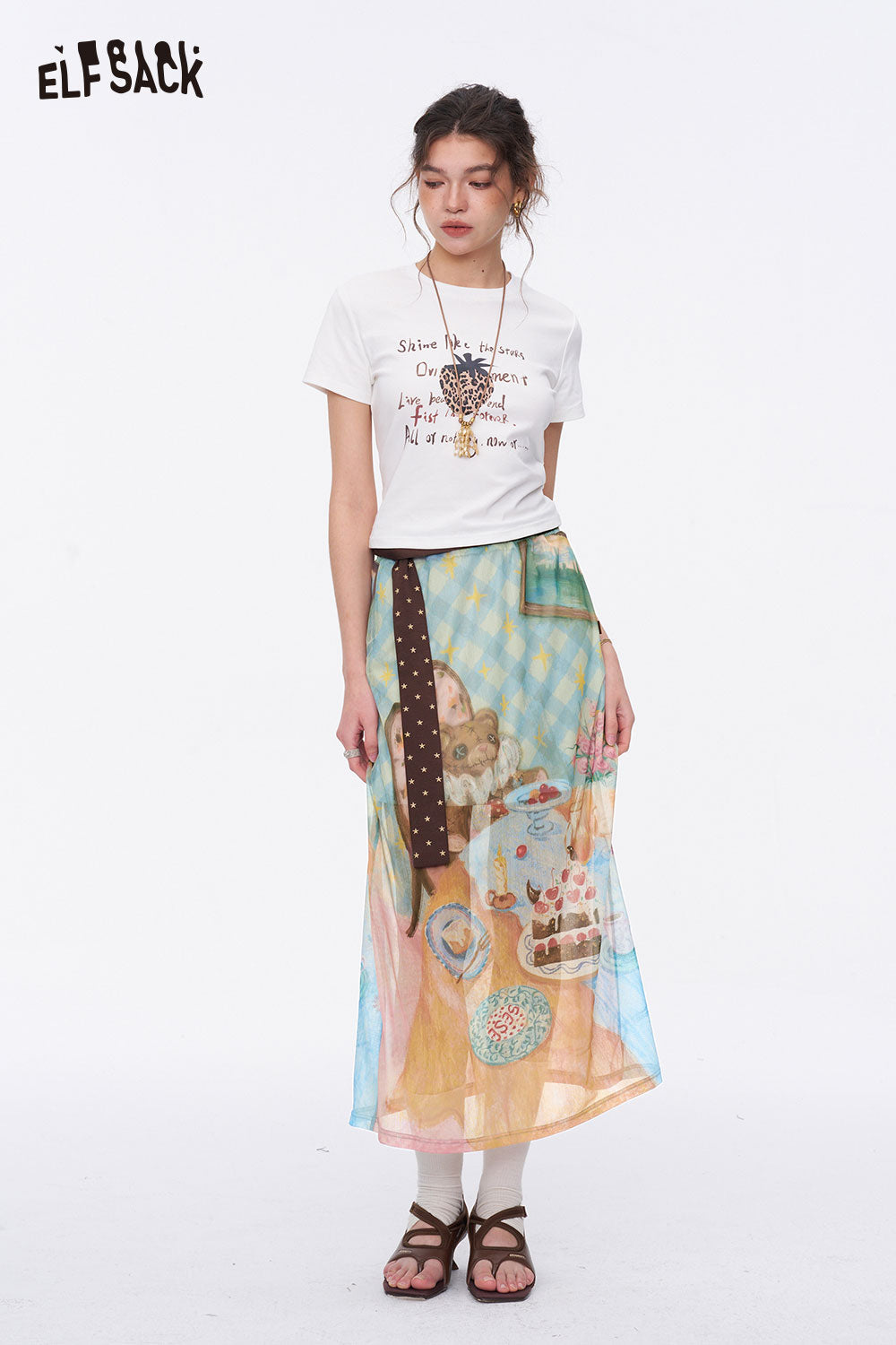 ELFSACK Bear Tea Party Print A-Line Midi Skirt