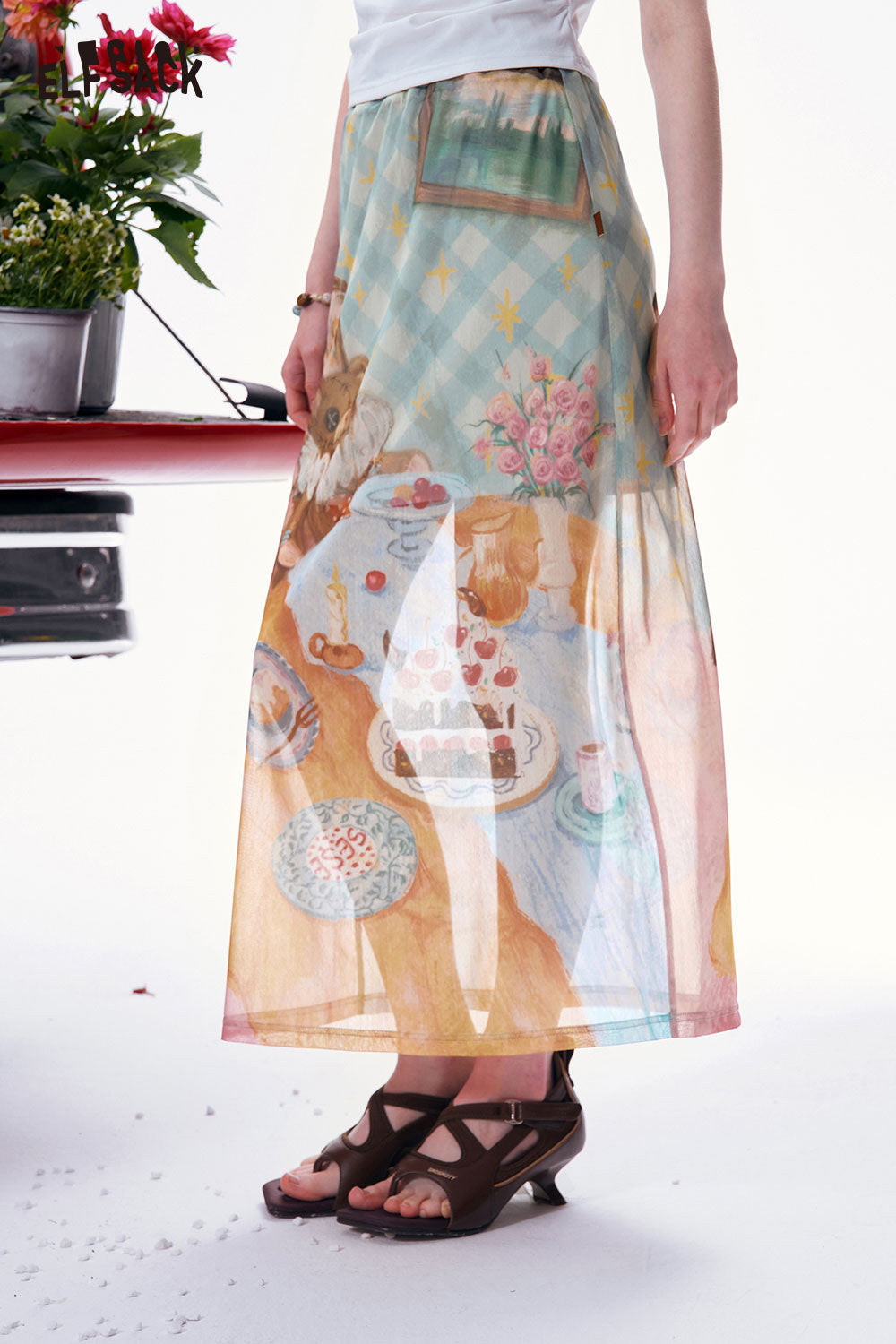 ELFSACK Bear Tea Party Print A-Line Midi Skirt