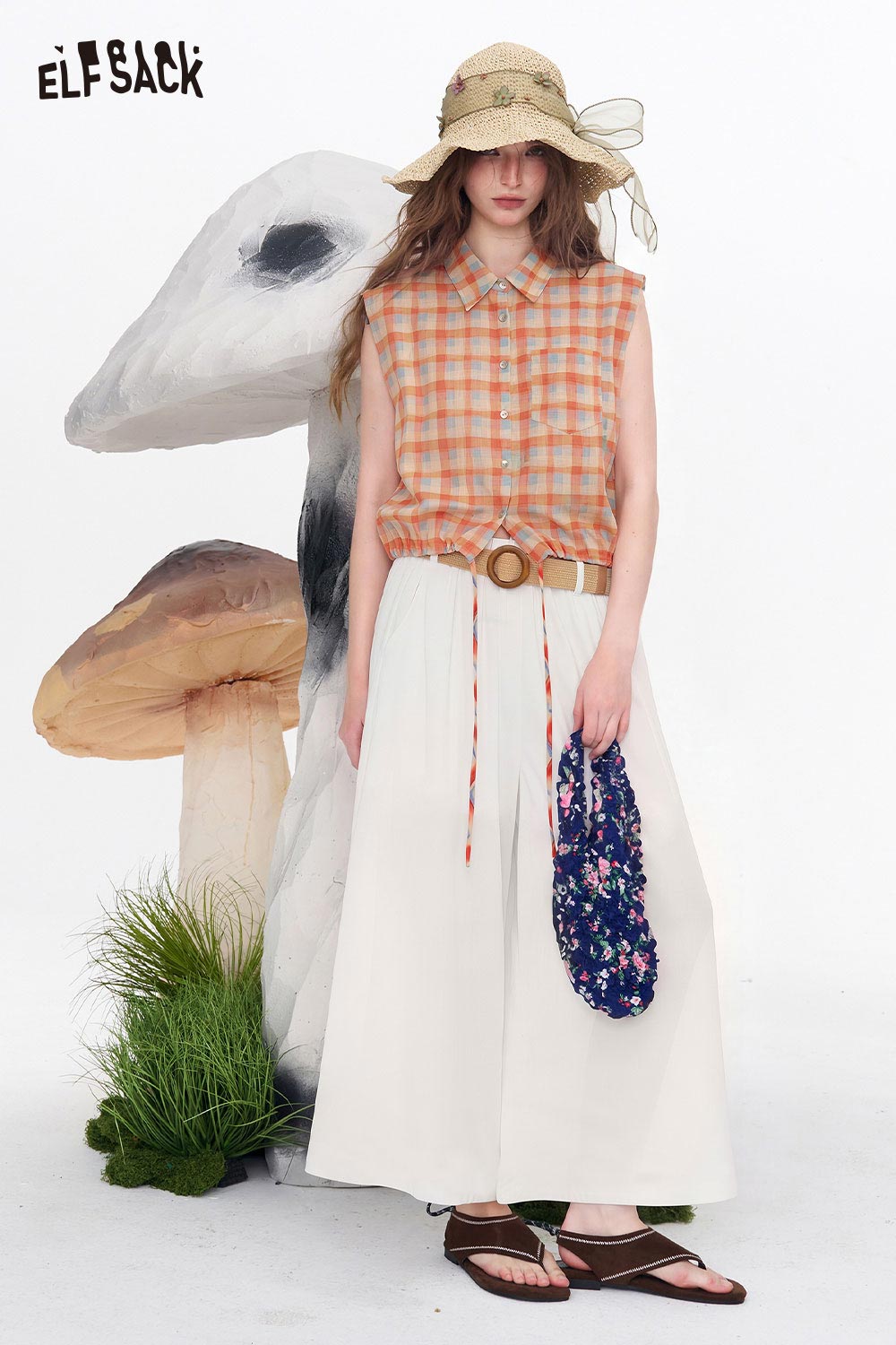 ELFSACK Belted High Waist Linen Wide Leg Pants