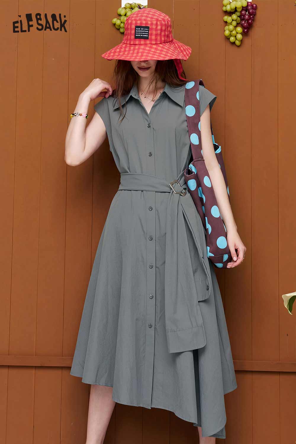 ELFSACK Belted Irregular Hem Shirt Midi Dress