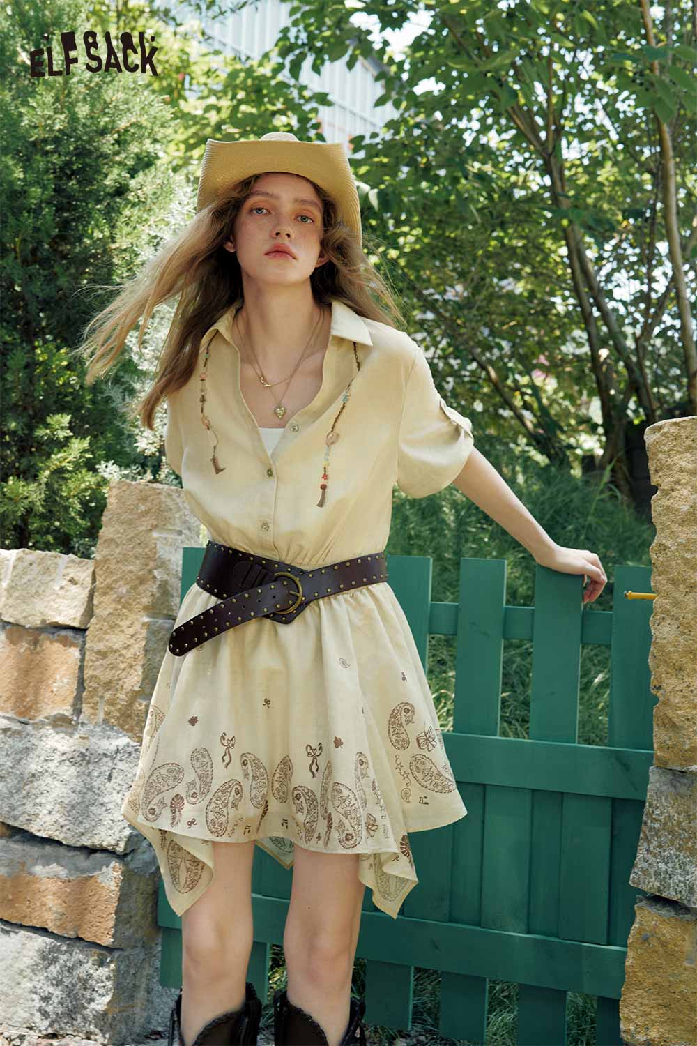 ELFSACK Belted Paisley Shirt Mini Dress