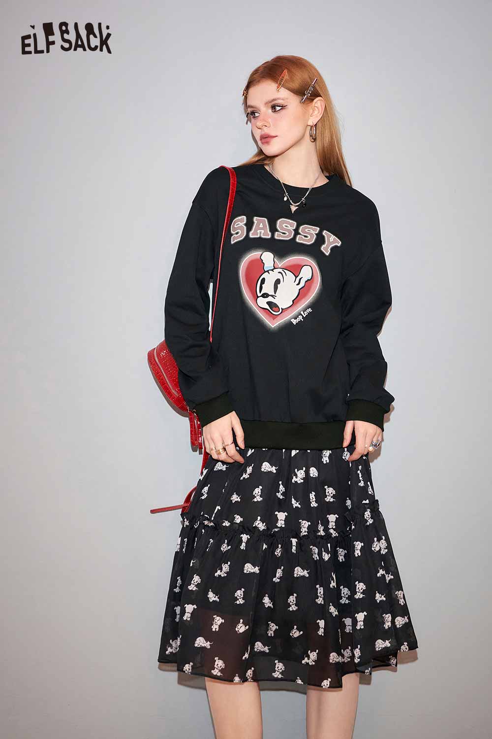 ELFSACK Betty Collaboration Fake Two Piece American Style A Line Dress