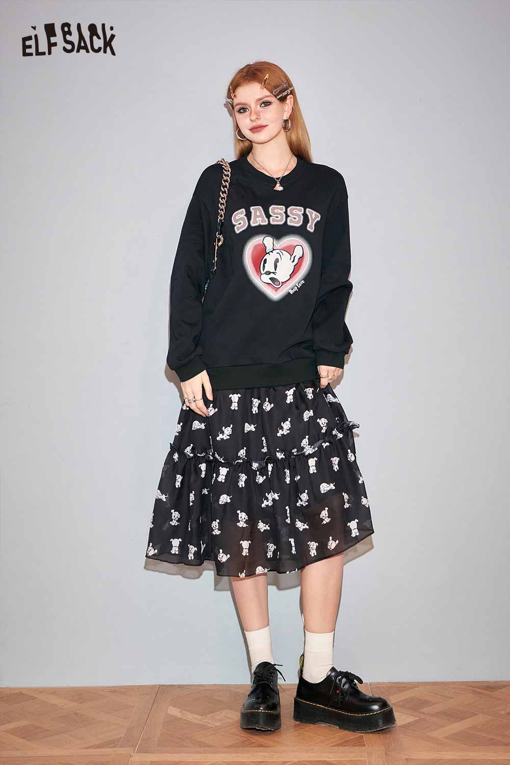 ELFSACK Betty Collaboration Fake Two Piece American Style A Line Dress