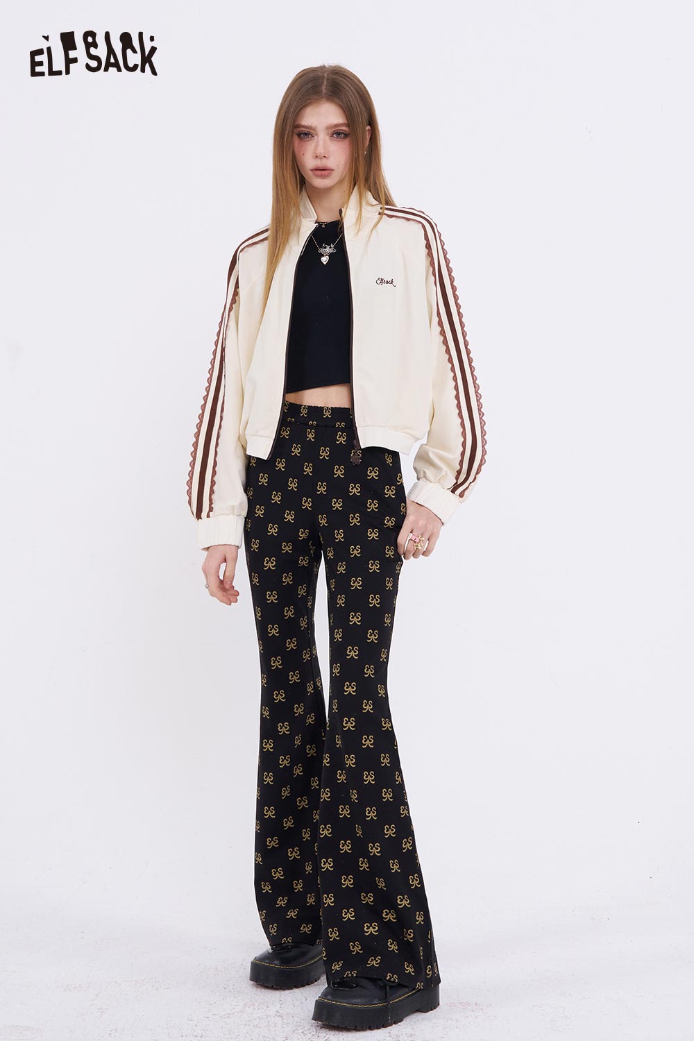 ELFSACK Black Flare Pants with All-over Print