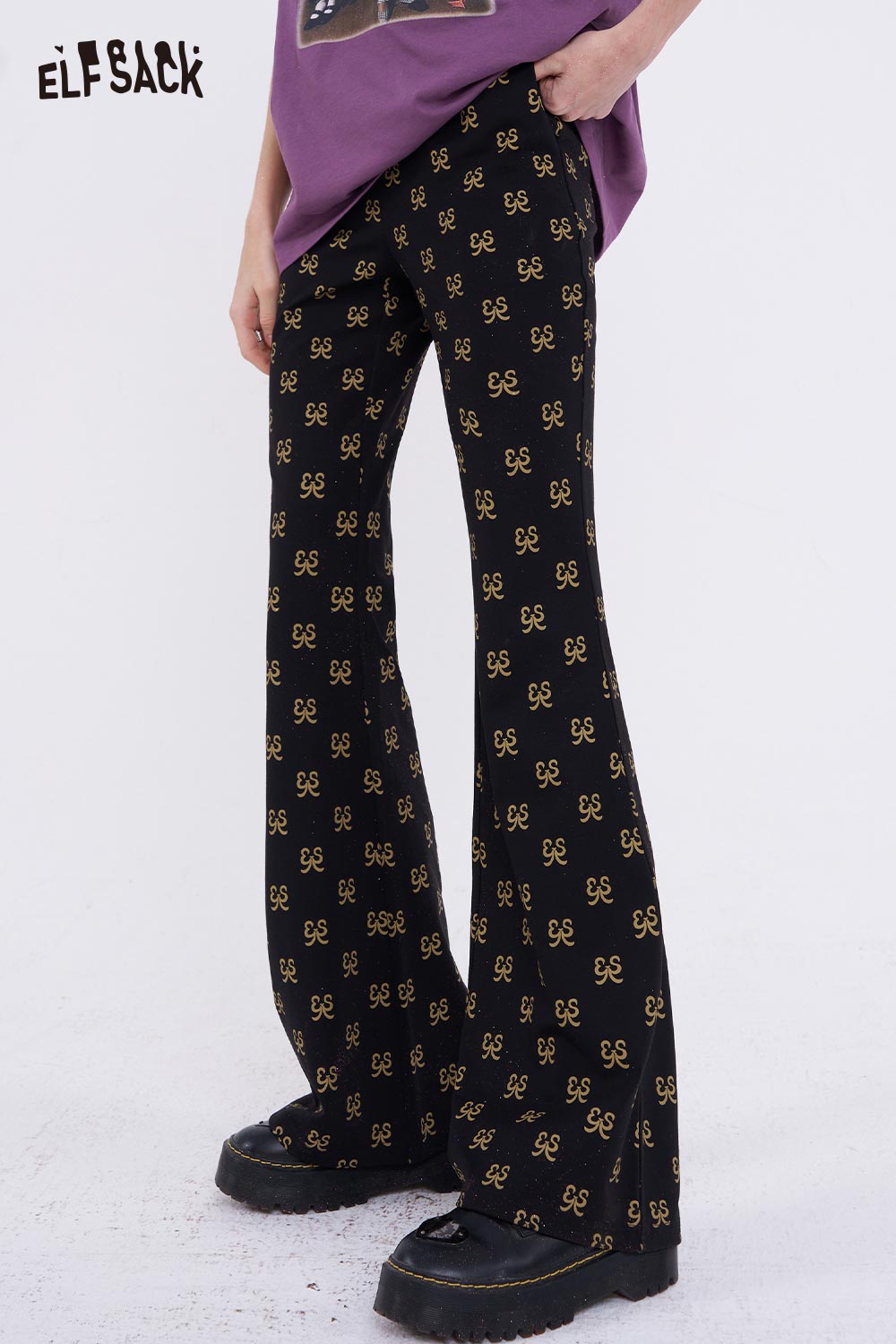 ELFSACK Black Flare Pants with All-over Print