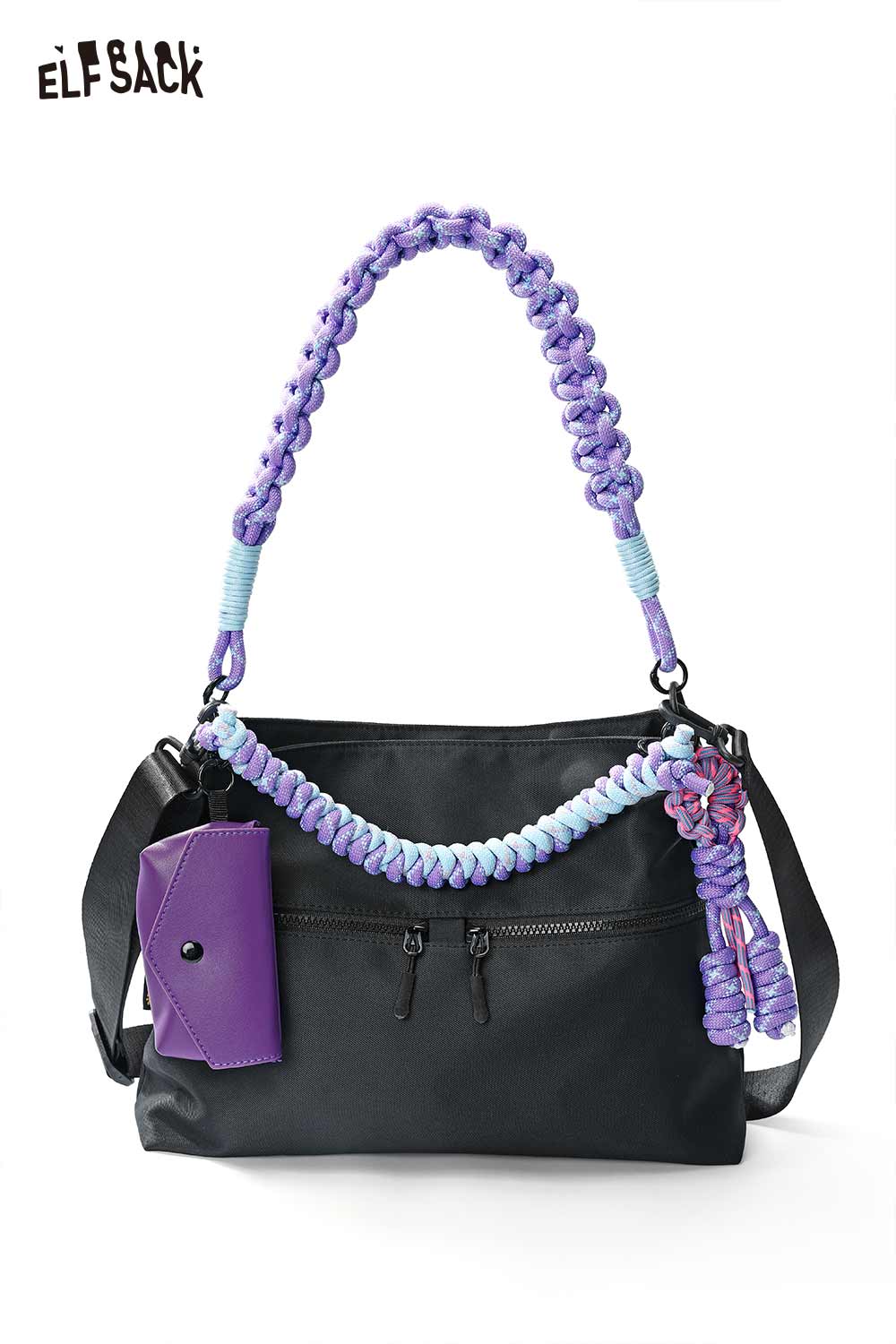 ELFSACK Black Hobo Bag with Colorful Braided Strap
