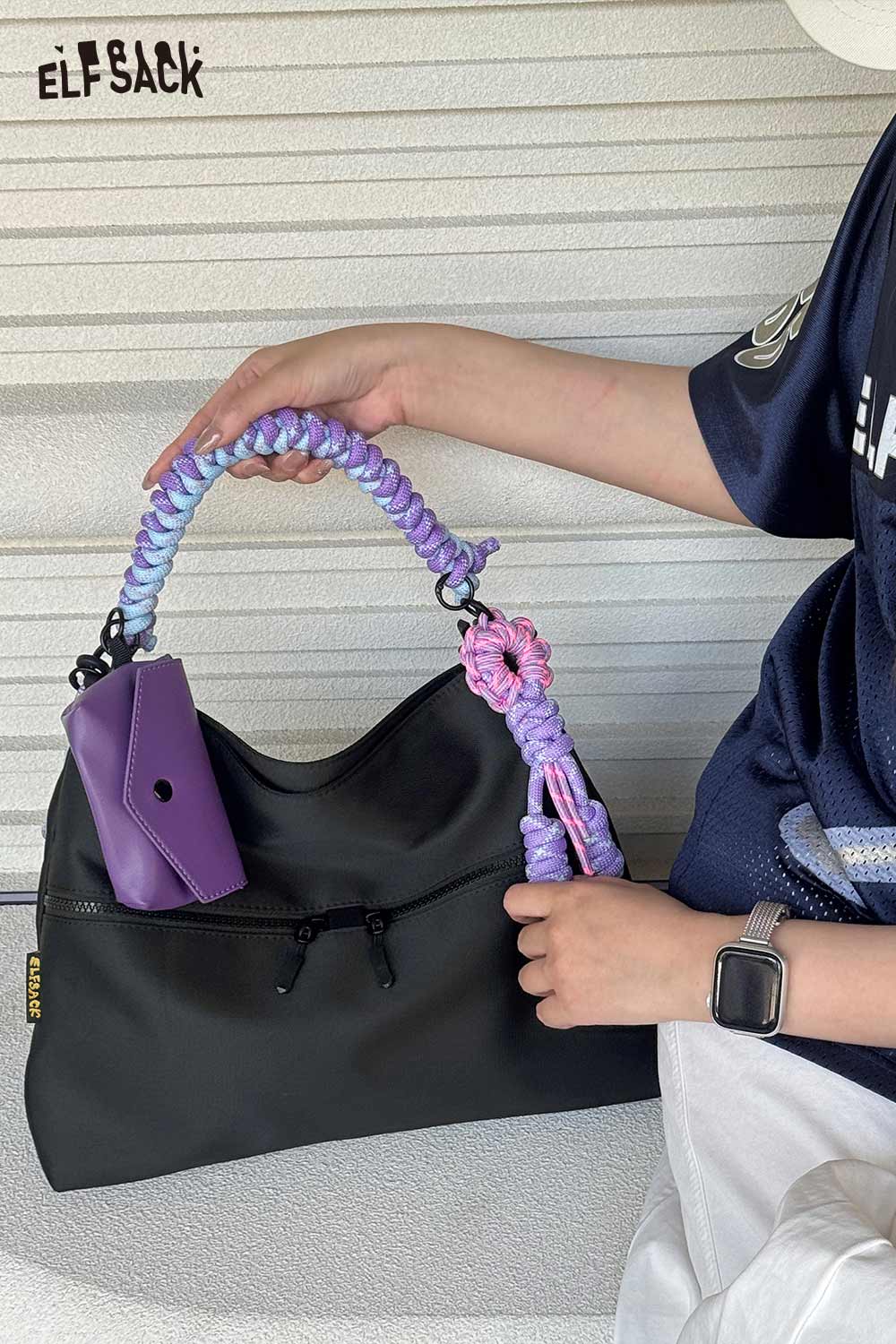 ELFSACK Black Hobo Bag with Colorful Braided Strap