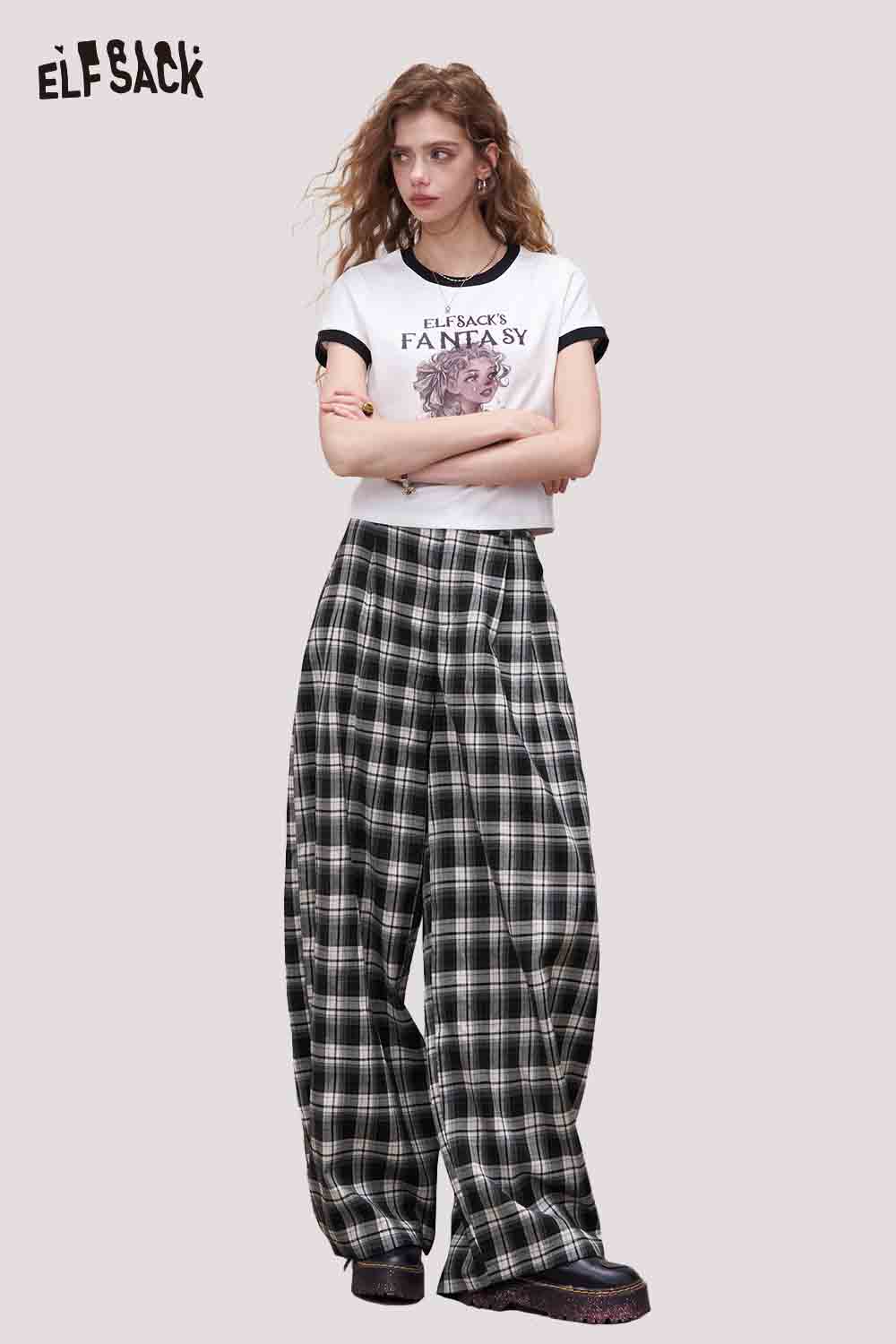 ELFSACK Black Plaid Wide Leg Pants with Oversized Fit