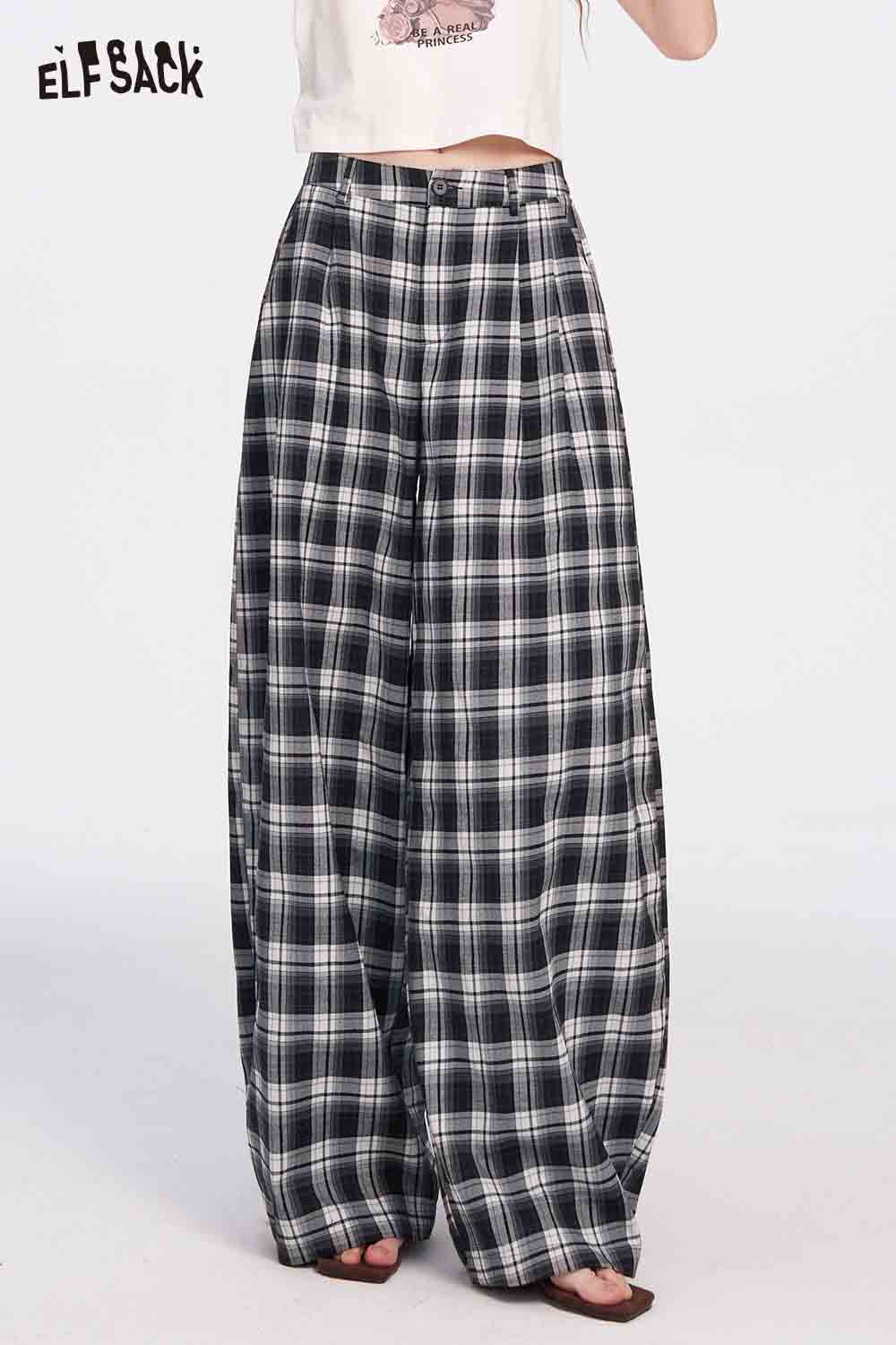 ELFSACK Black Plaid Wide Leg Pants with Oversized Fit