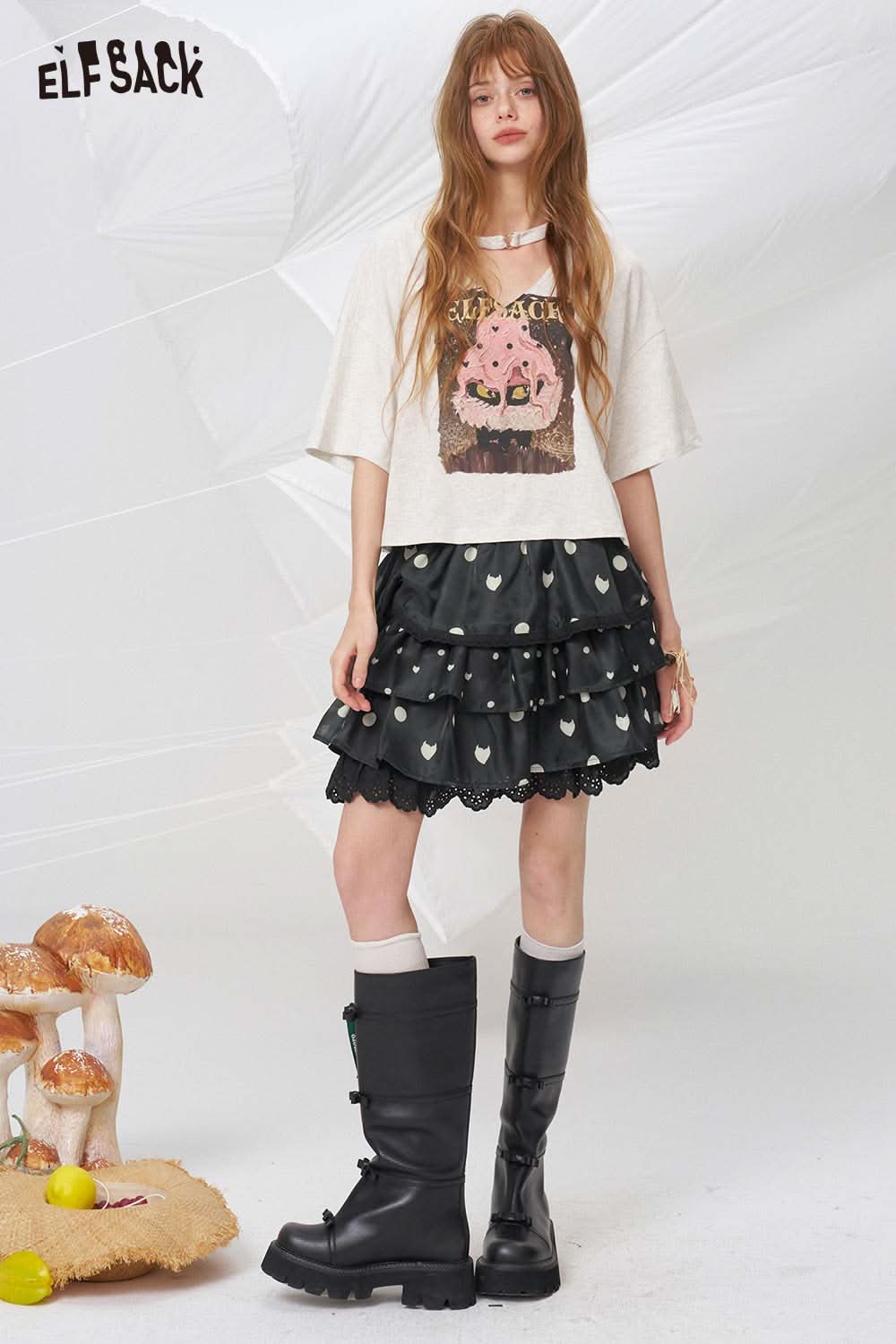 ELFSACK Black White Polka Dot Tiered Skirt