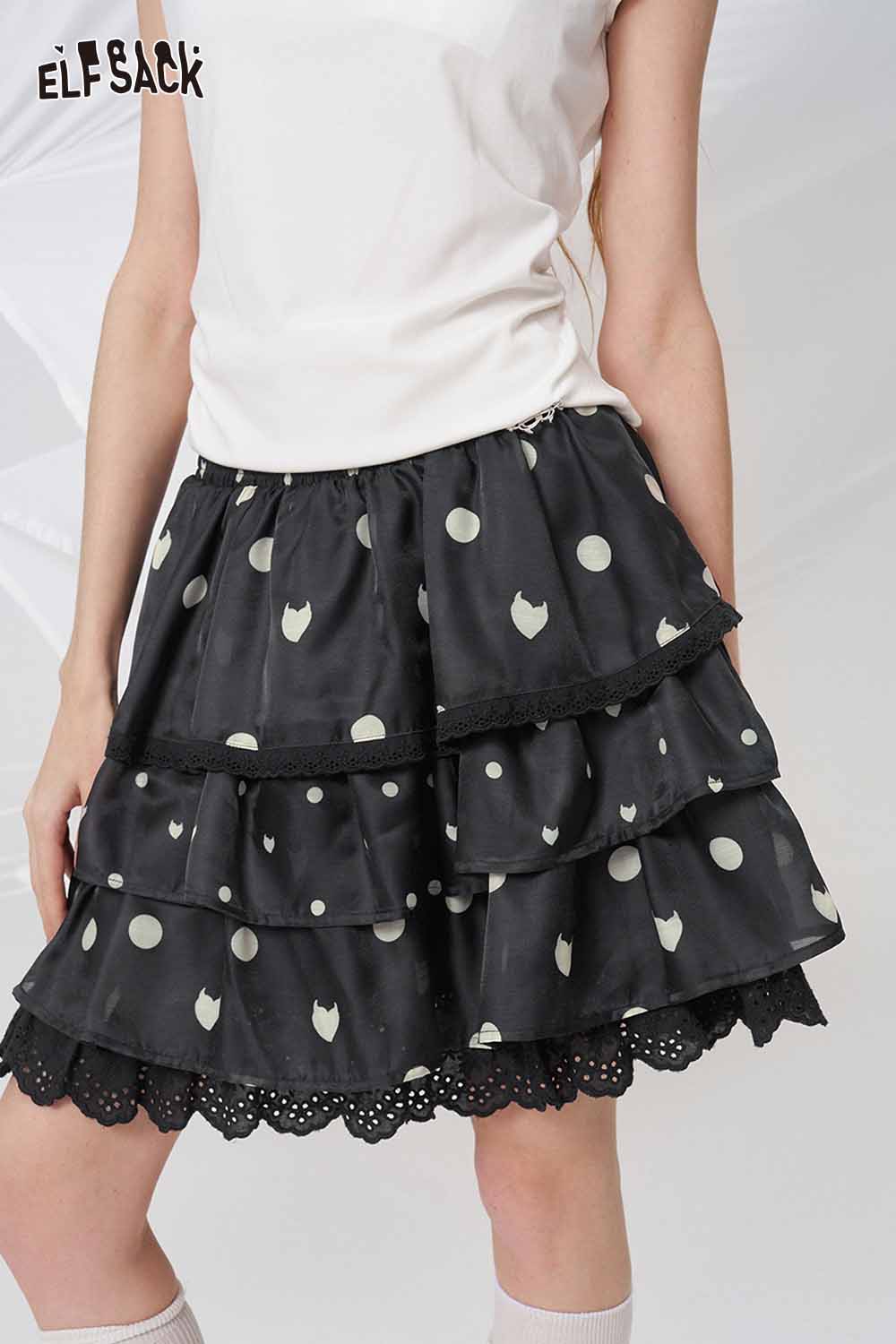 ELFSACK Black White Polka Dot Tiered Skirt