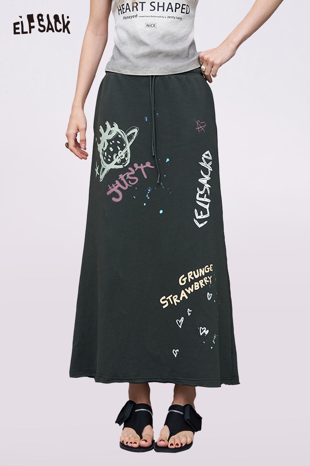 ELFSACK Blend High Waist Adjustable Drawcord Street Art Typography Skirt