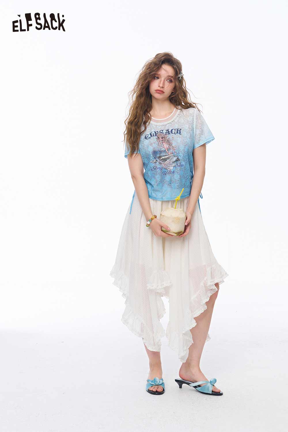 ELFSACK Blue Gradient Lace Mermaid Graphic Top