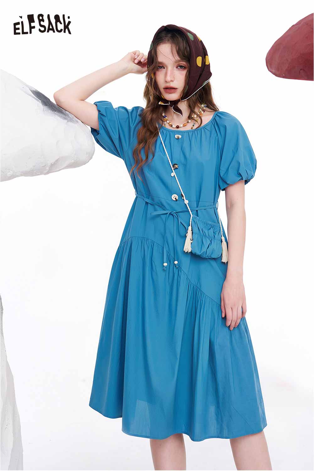ELFSACK Blue Puff Sleeve Tie Waist Maxi Dress