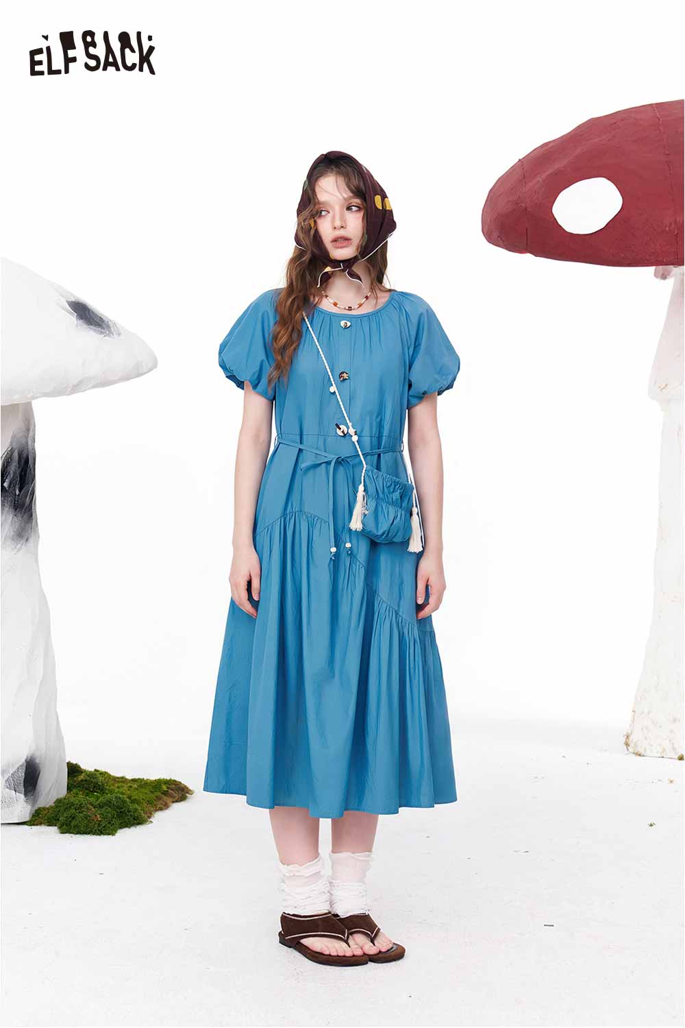 ELFSACK Blue Puff Sleeve Tie Waist Maxi Dress