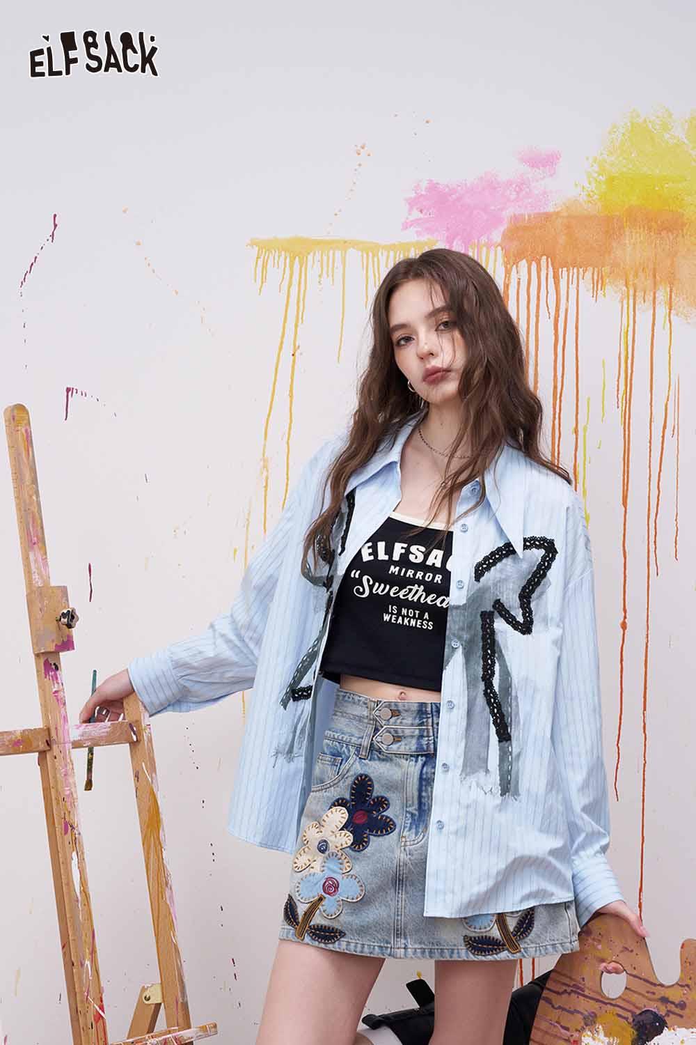 ELFSACK Blue Striped Shirt with Lace Bowknot Patchwork