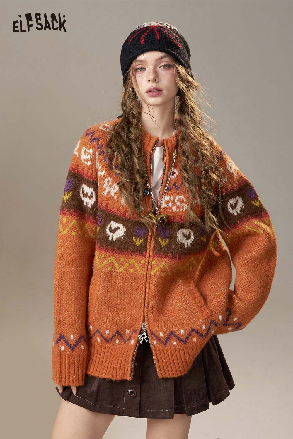 ELFSACK Soft Knit Bohemian Color Block Print Oversize Cardigan