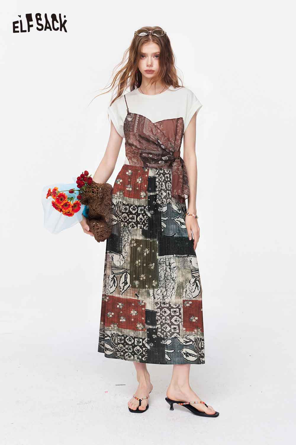 ELFSACK Boho Ethnic Print Pleated Midi Skirt
