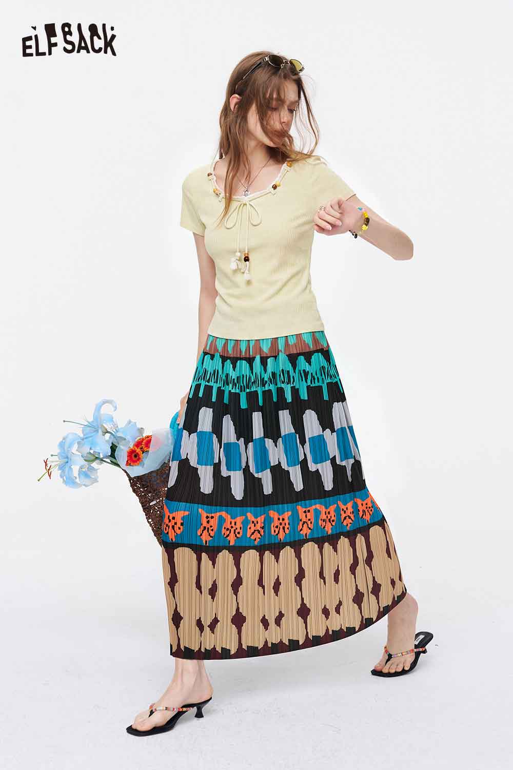 ELFSACK Boho Ethnic Print Pleated Midi Skirt