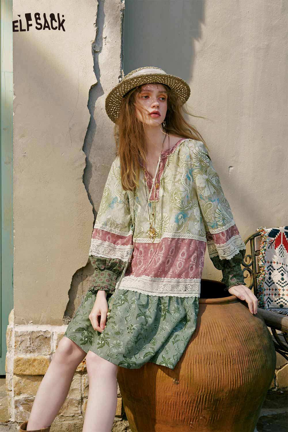 ELFSACK Boho Lace Patchwork Flare Sleeve Dress