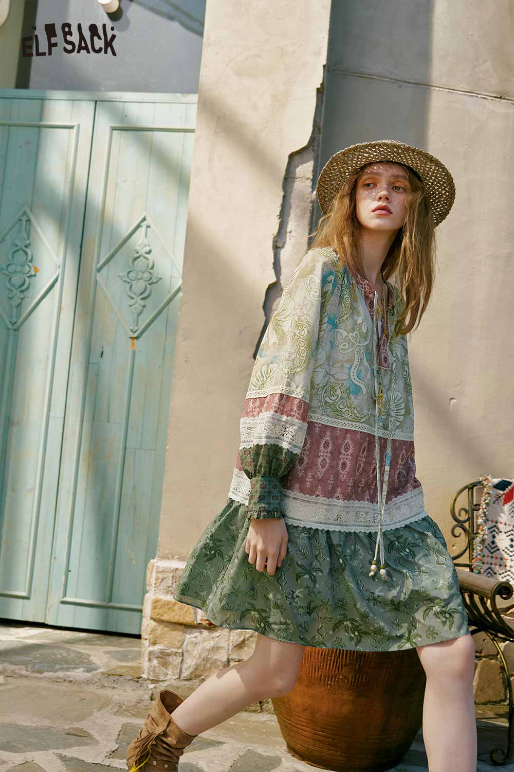 ELFSACK Boho Lace Patchwork Flare Sleeve Dress