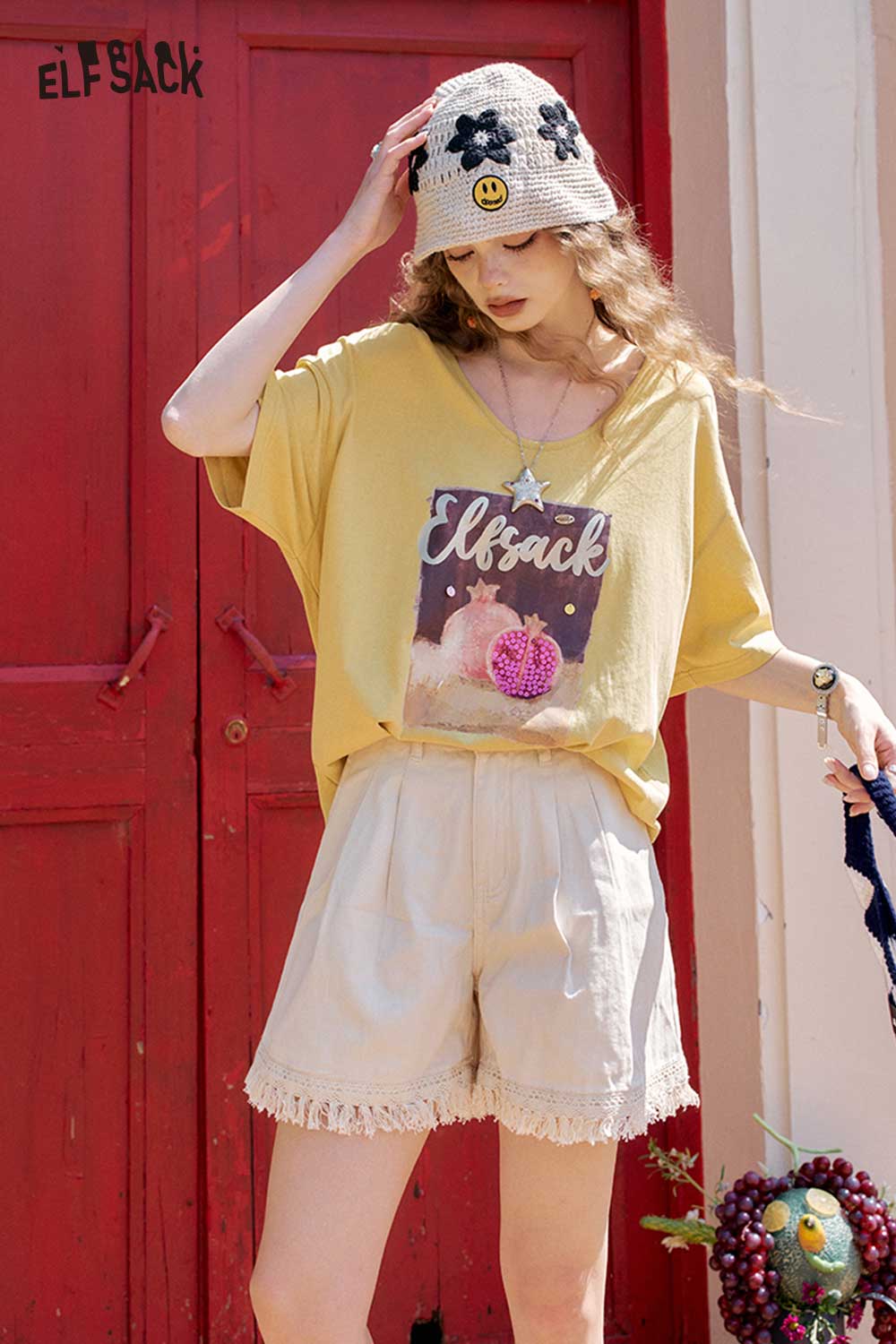 ELFSACK Boho Lace Trim High Waisted Shorts