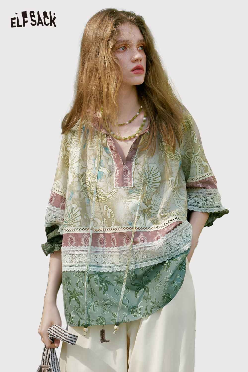 ELFSACK Boho Patchwork Flare Sleeve Blouse