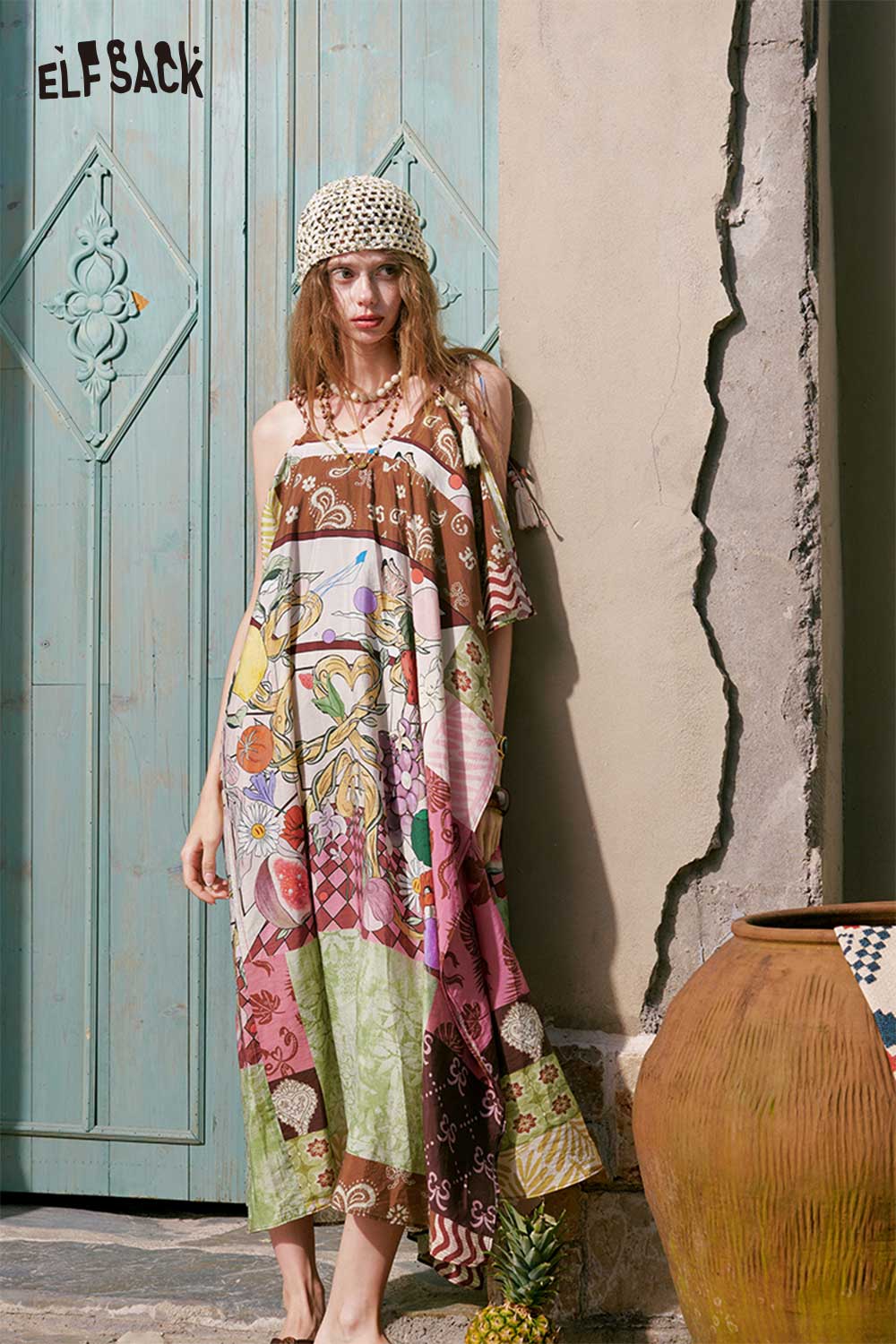 ELFSACK Boho Patchwork Irregular Midi Dress