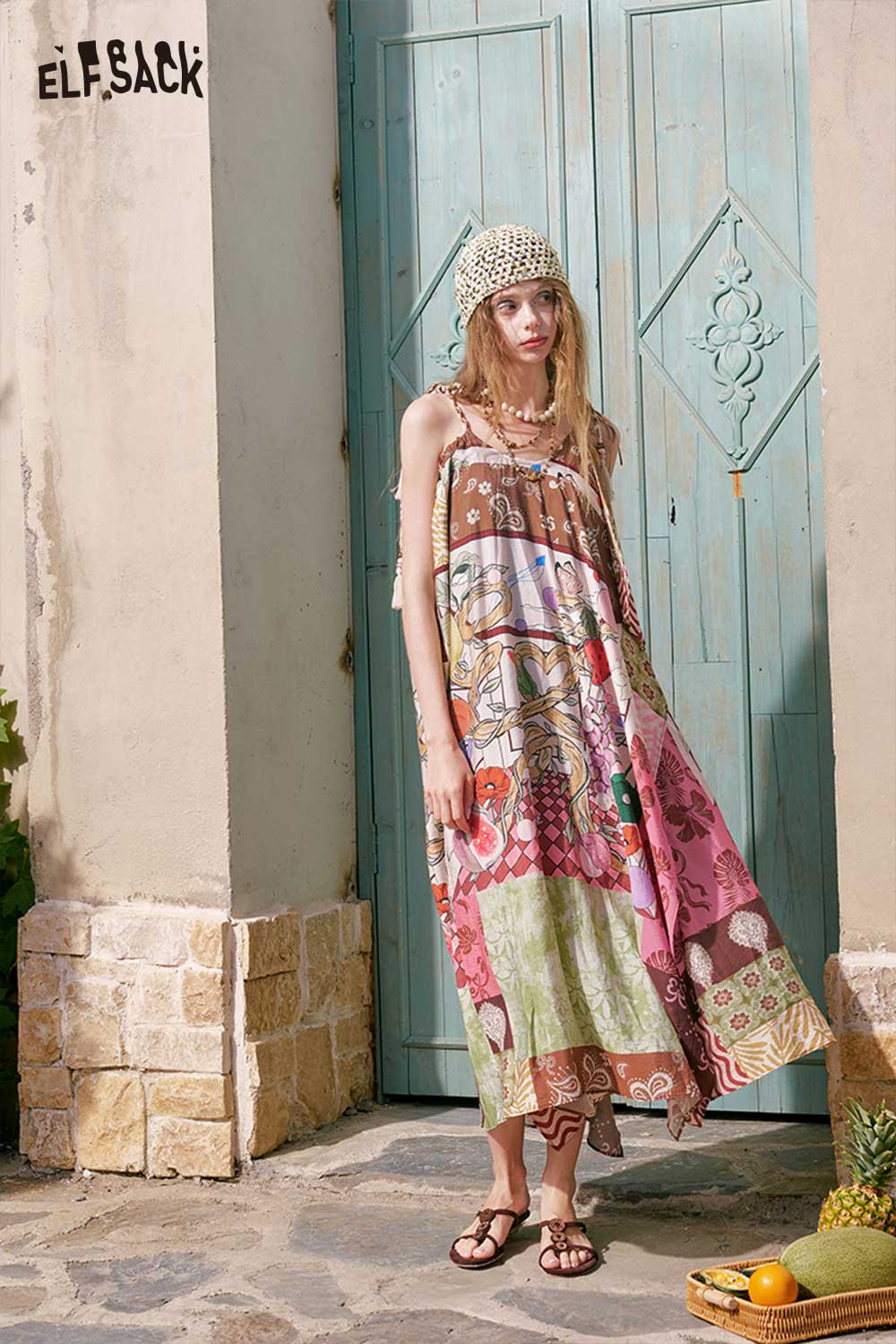 ELFSACK Boho Patchwork Irregular Midi Dress