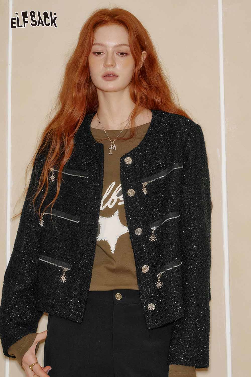 ELFSACK Boucle Wool Intricate Weave Multiple Zipper Detail Jackets