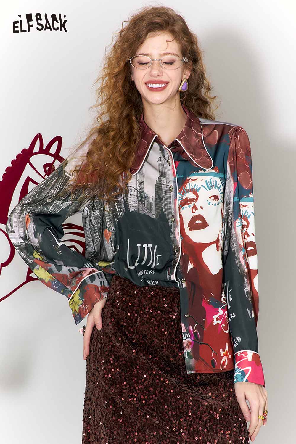 ELFSACK Bow Collar All Over Print Heart Button Long Sleeve Blouse