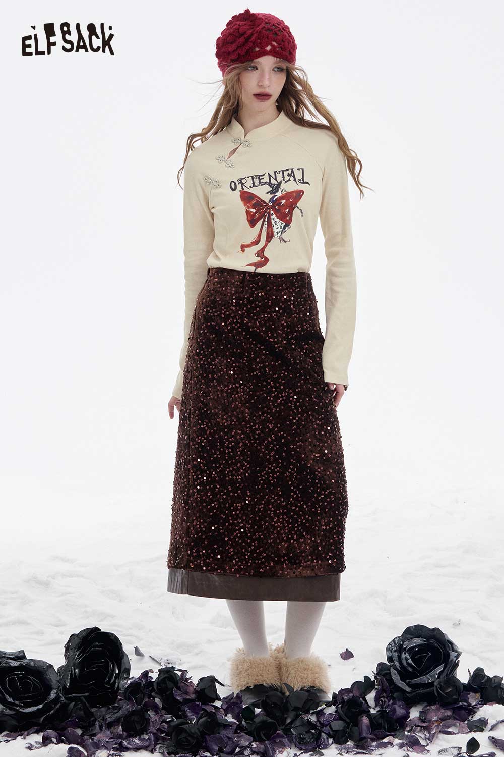 ELFSACK Soft Irregular Button Collar Bow Graphic Long Sleeve Tshirt