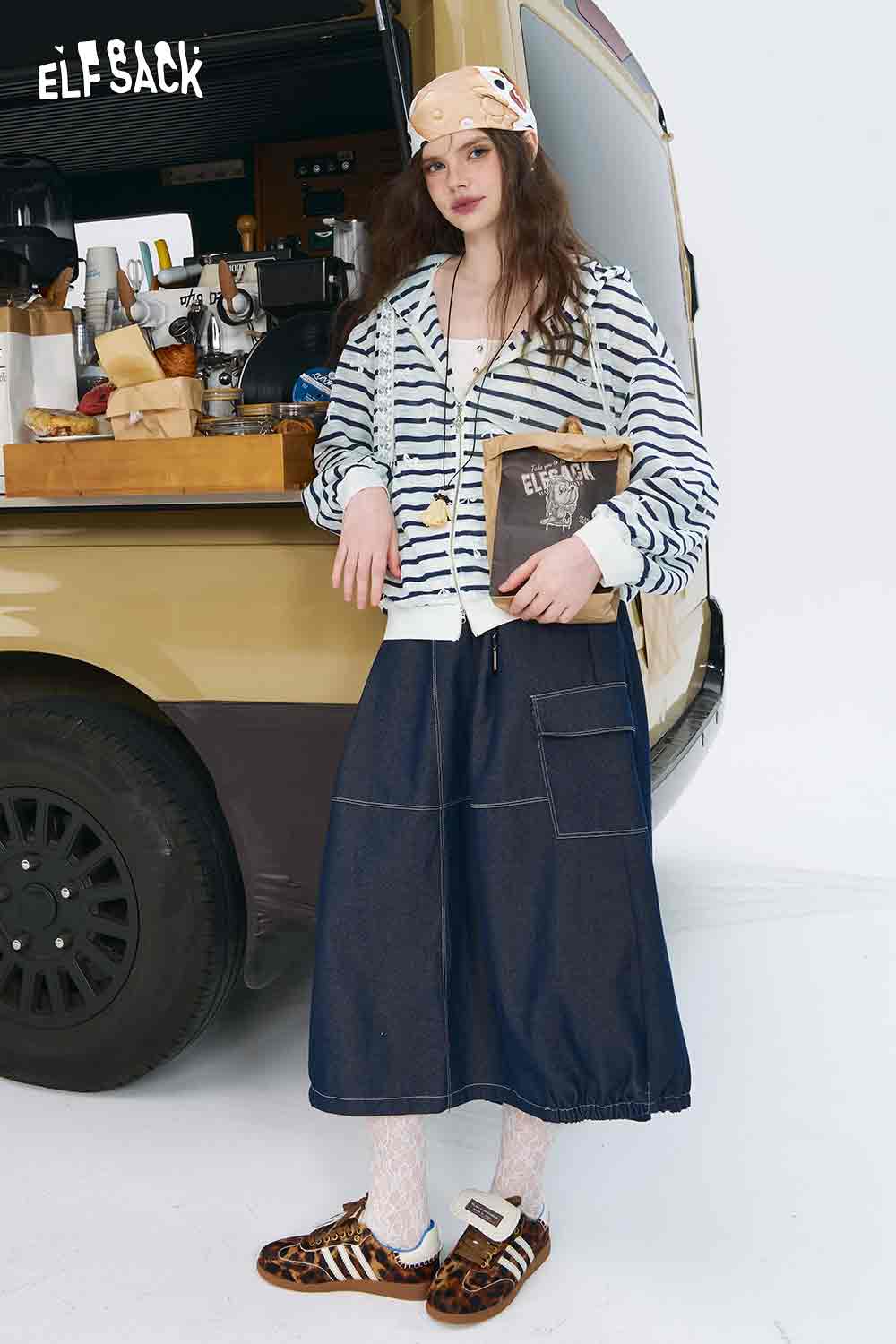 ELFSACK Cotton Blend Oversized Striped Bow Print Cardigan Knitwears