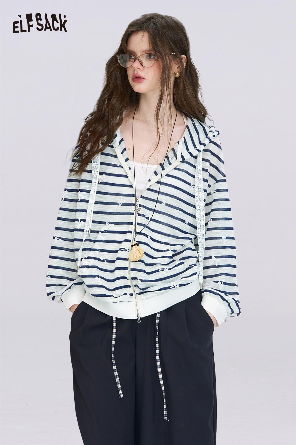 ELFSACK Cotton Blend Oversized Striped Bow Print Cardigan Knitwears
