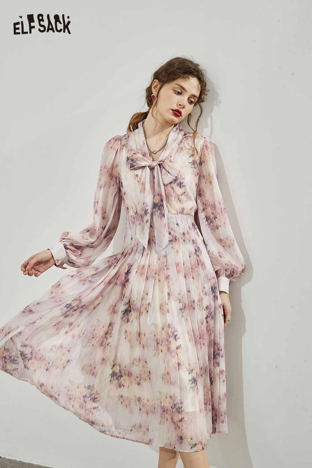 ELFSACK Breathable Bow Tie French Floral Graphic Resort Dress