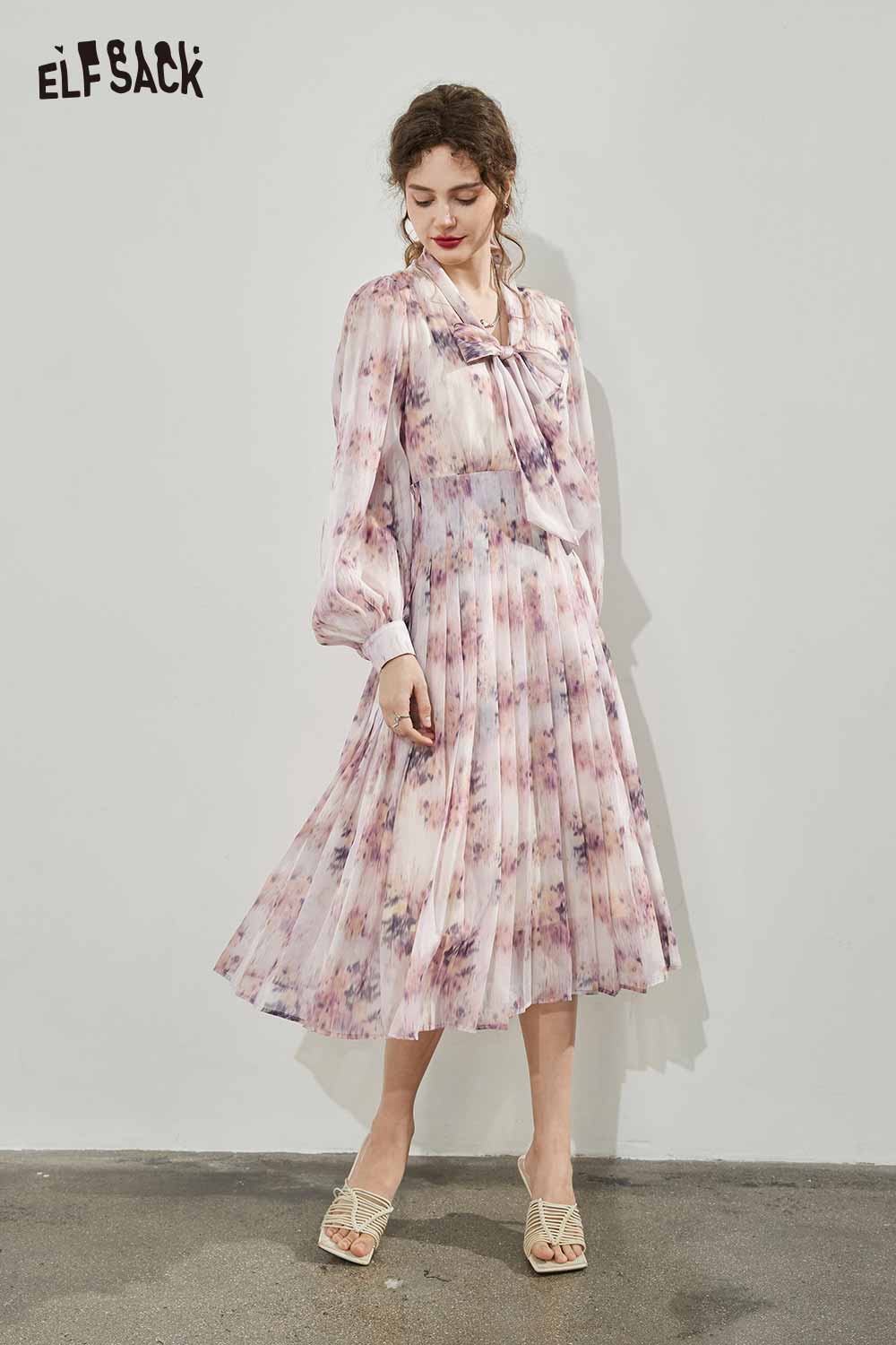 ELFSACK Breathable Bow Tie French Floral Graphic Resort Dress