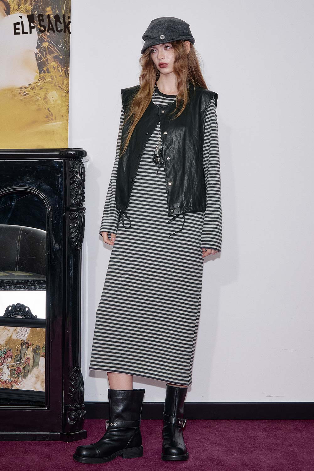 ELFSACK Breathable Cotton Blend Contrast Stripes Relaxed Fit Dress Set