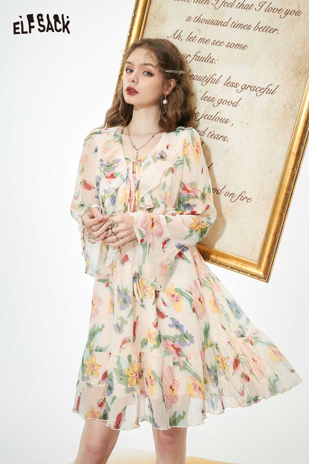 ELFSACK Breathable Elegant French Floral Long Sleeve V Neck Dress