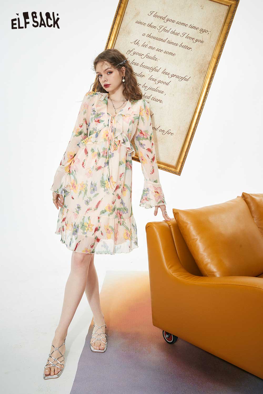 ELFSACK Breathable Elegant French Floral Long Sleeve V Neck Dress