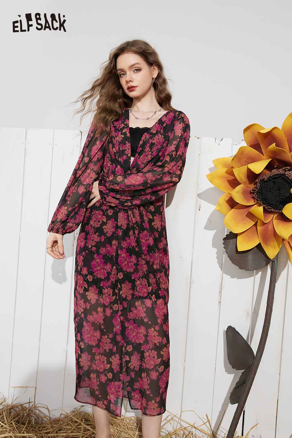 ELFSACK Breathable Floral Long Sleeve Loose Slit Maxi Dress