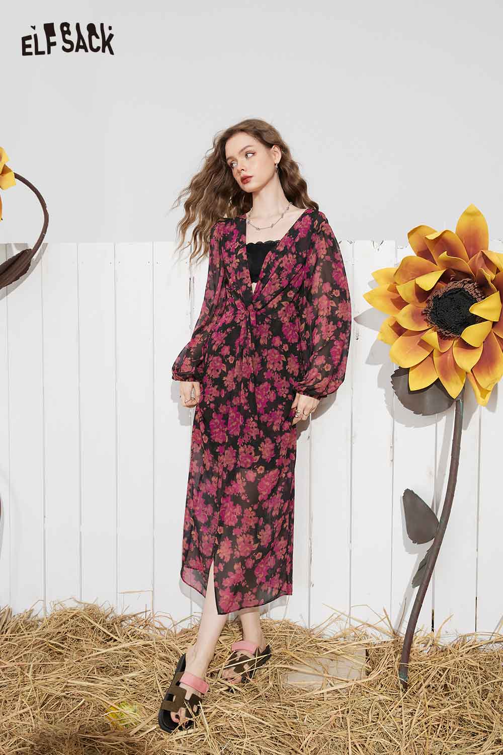 ELFSACK Breathable Floral Long Sleeve Loose Slit Maxi Dress