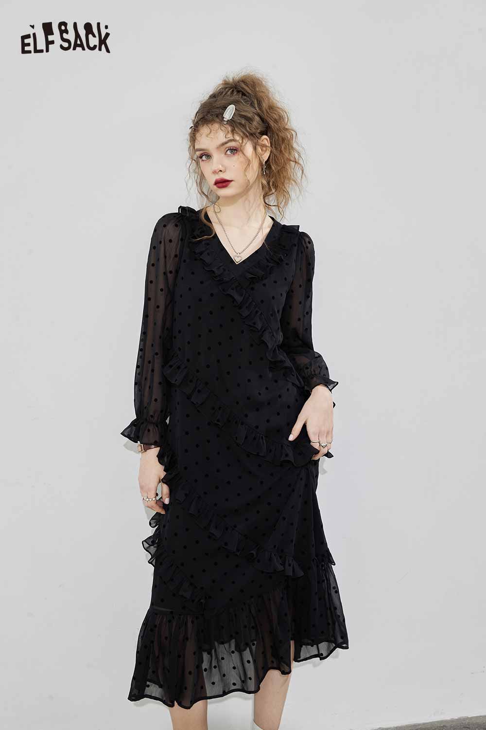 ELFSACK Breathable French Dot V Neck Loose Slimming Dress