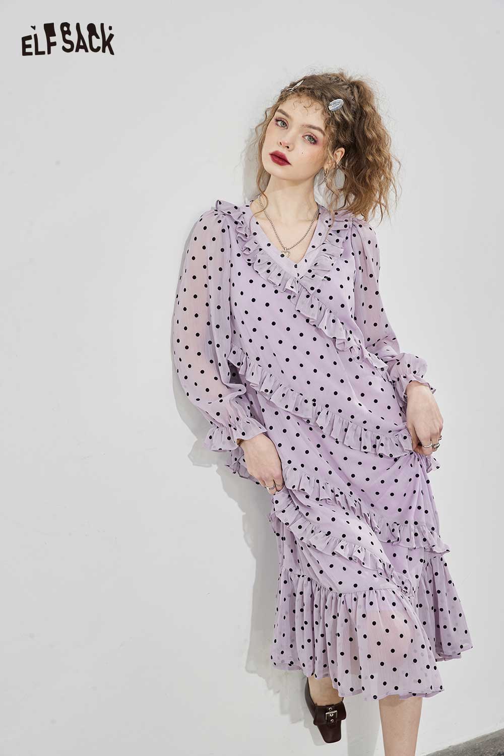 ELFSACK Breathable French Dot V Neck Loose Slimming Dress