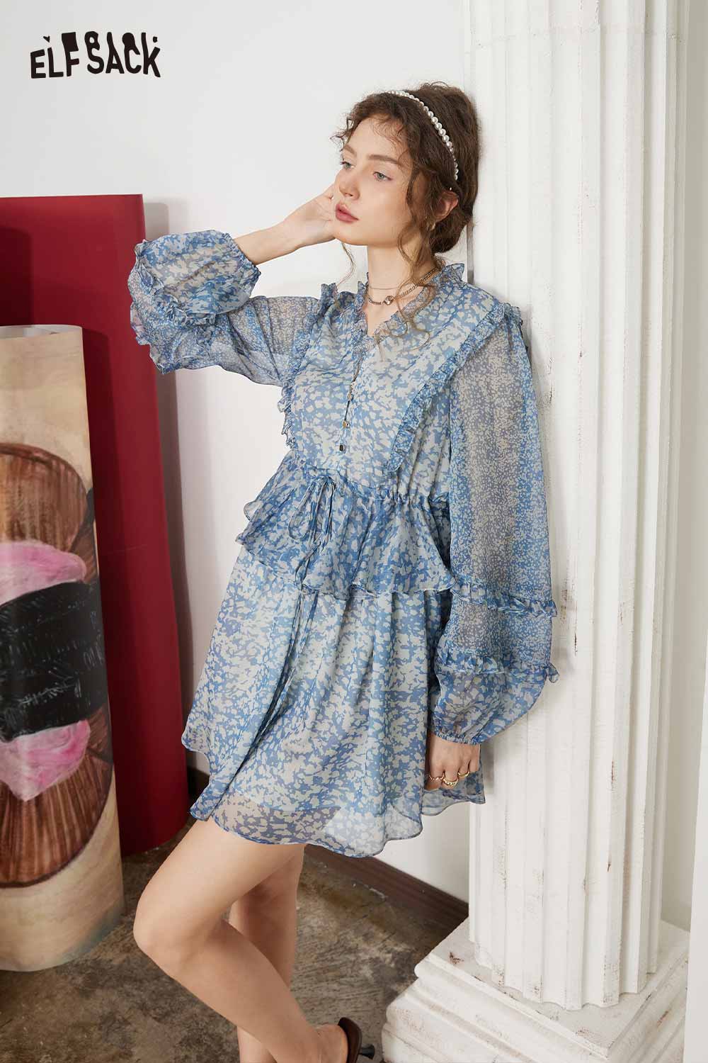 ELFSACK Breathable French Floral Graphic V Neck Dress