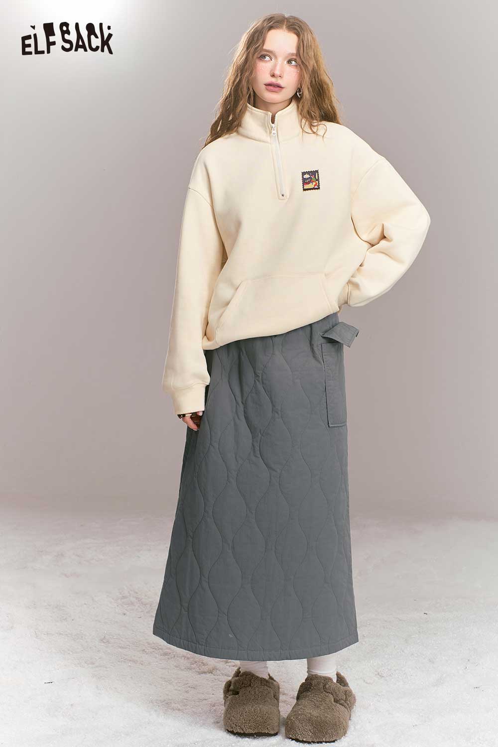 ELFSACK Breathable Gray Quilted Large Pocket A-Line Long Skirt