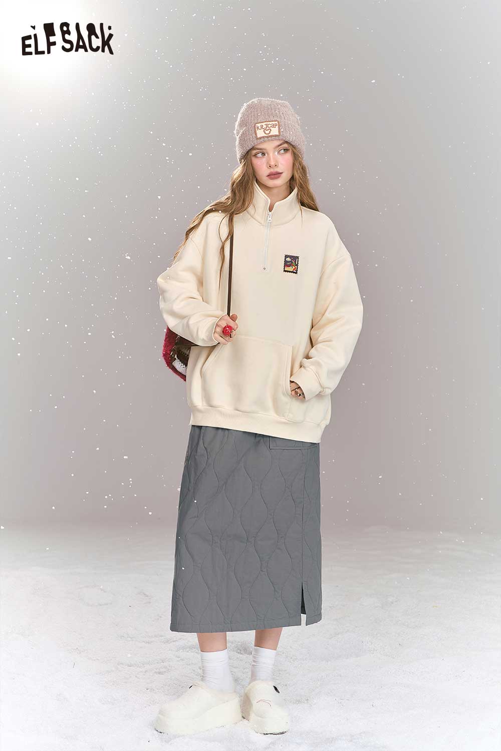ELFSACK Breathable Gray Quilted Large Pocket A-Line Long Skirt