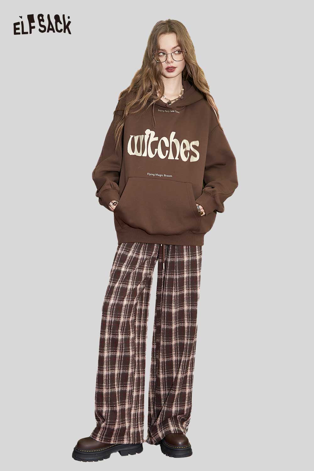 ELFSACK Breathable Lazy Style Vintage Plaid Straight Relaxed Pants